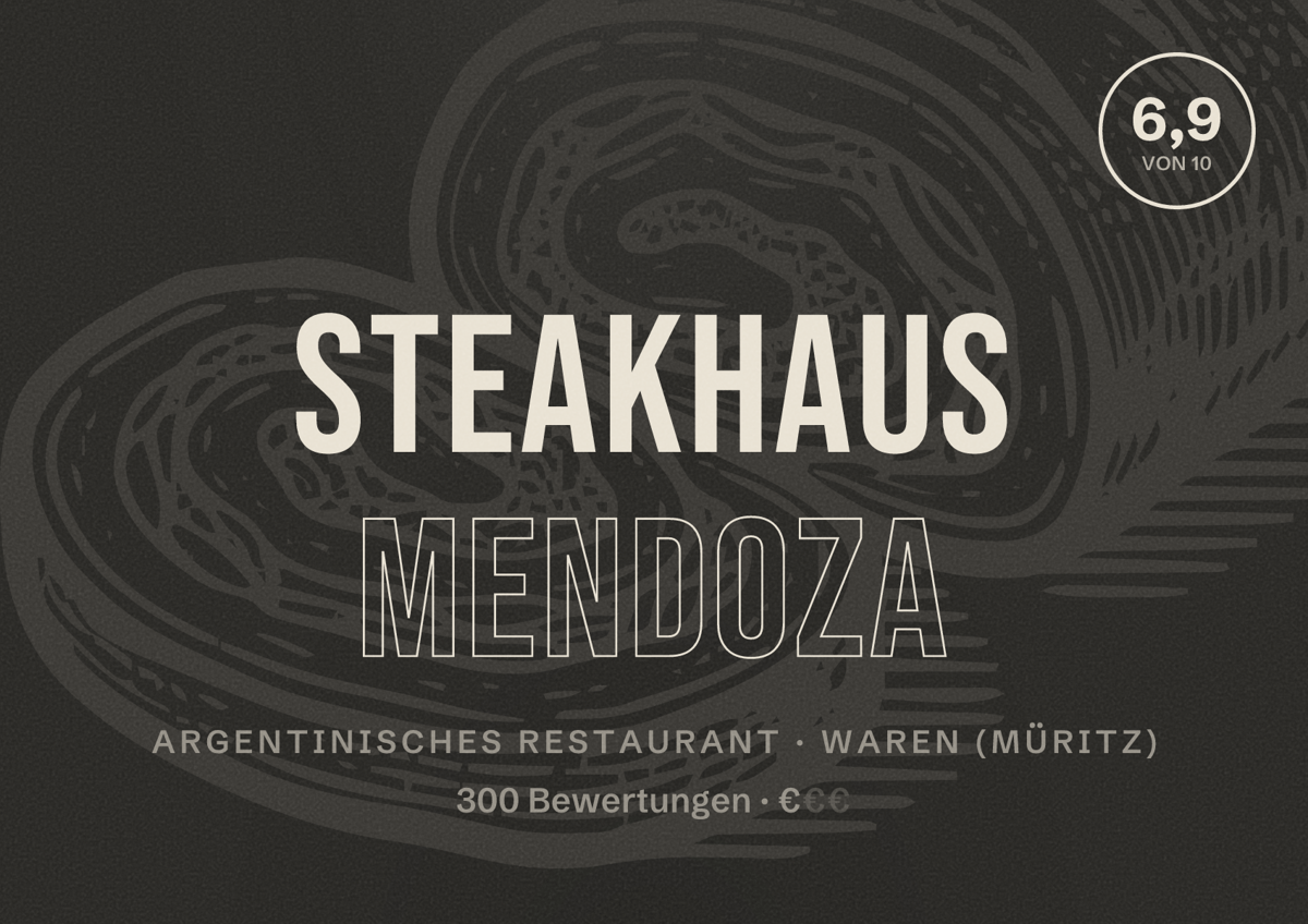 Illustriertes Poster von Steakhaus Mendoza, Argentinisches Restaurant in Waren (Müritz): Bewertung 6,9 von 10 aus 300 Bewertungen, Preisniveau €