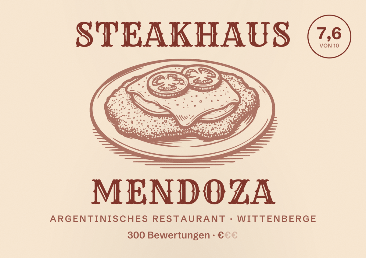 Illustriertes Poster von Steakhaus Mendoza, Argentinisches Restaurant in Wittenberge: Bewertung 7,6 von 10 aus 300 Bewertungen, Preisniveau €