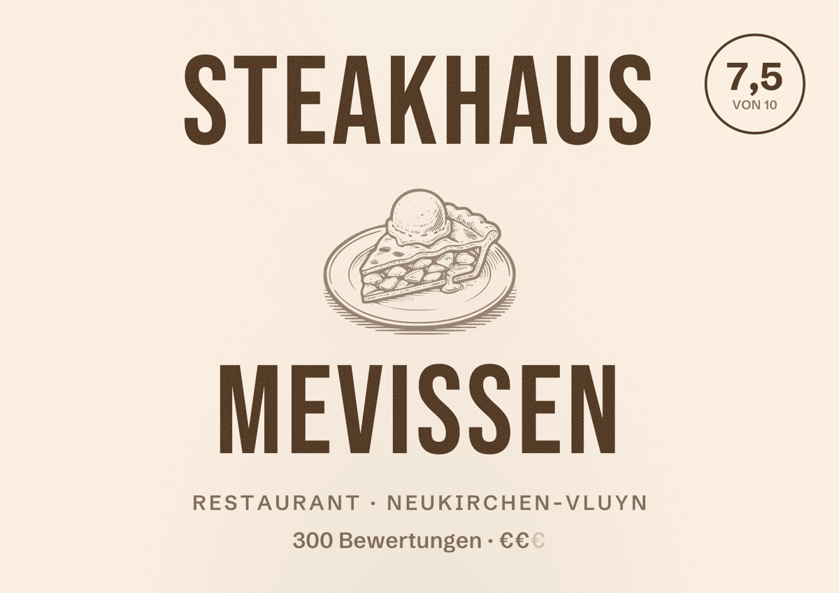 Illustriertes Poster von Steakhaus Mevissen, Restaurant in Neukirchen-Vluyn: Bewertung 7,5 von 10 aus 300 Bewertungen, Preisniveau €€