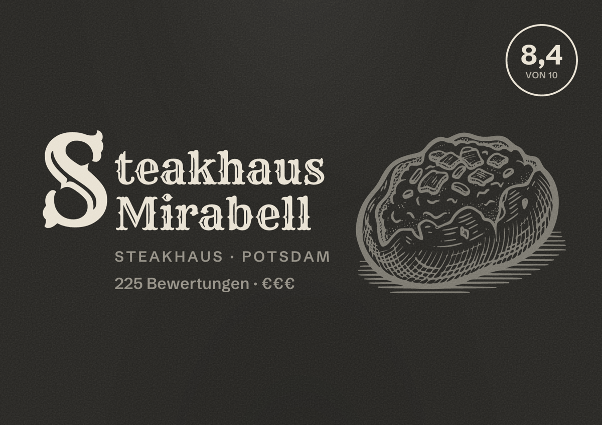 Illustriertes Poster von Steakhaus Mirabell, Steakhaus in Potsdam: Bewertung 8,4 von 10 aus 225 Bewertungen, Preisniveau €€€