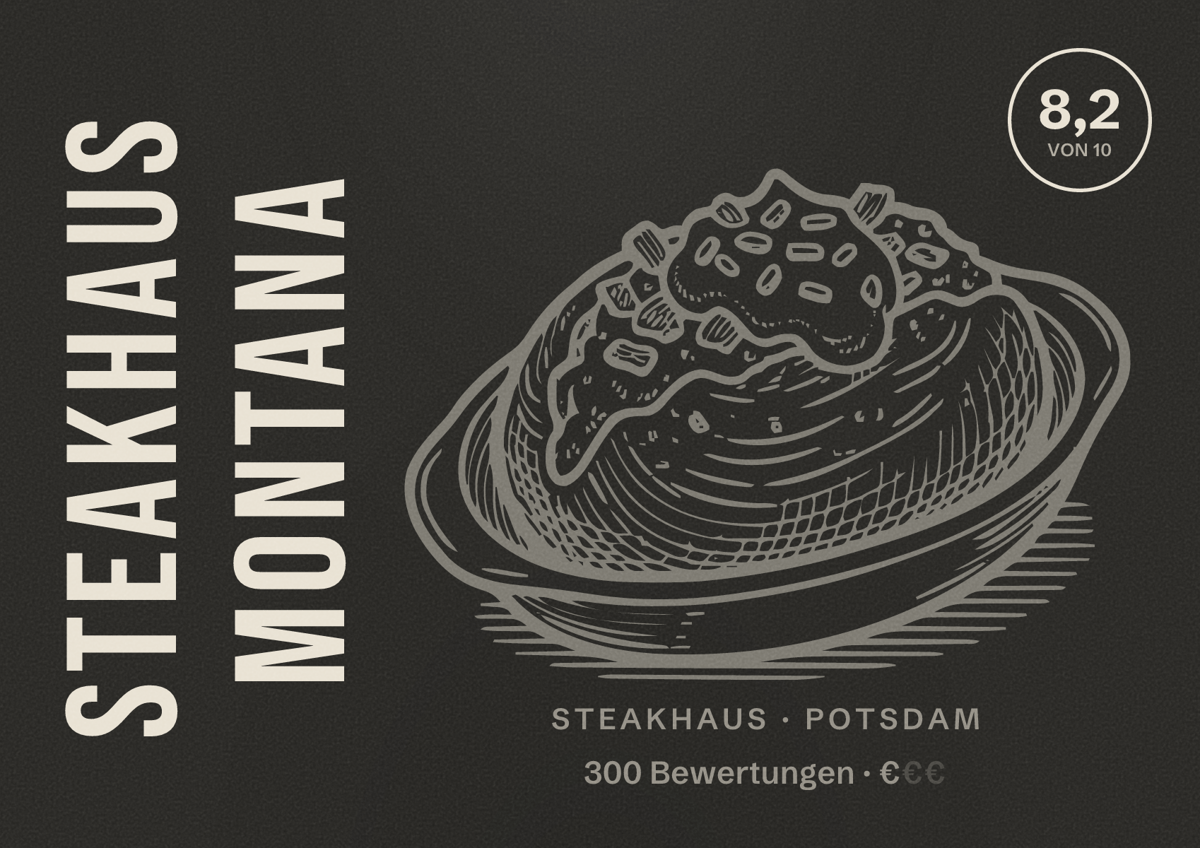 Illustriertes Poster von Steakhaus Montana, Steakhaus in Potsdam: Bewertung 8,2 von 10 aus 300 Bewertungen, Preisniveau €