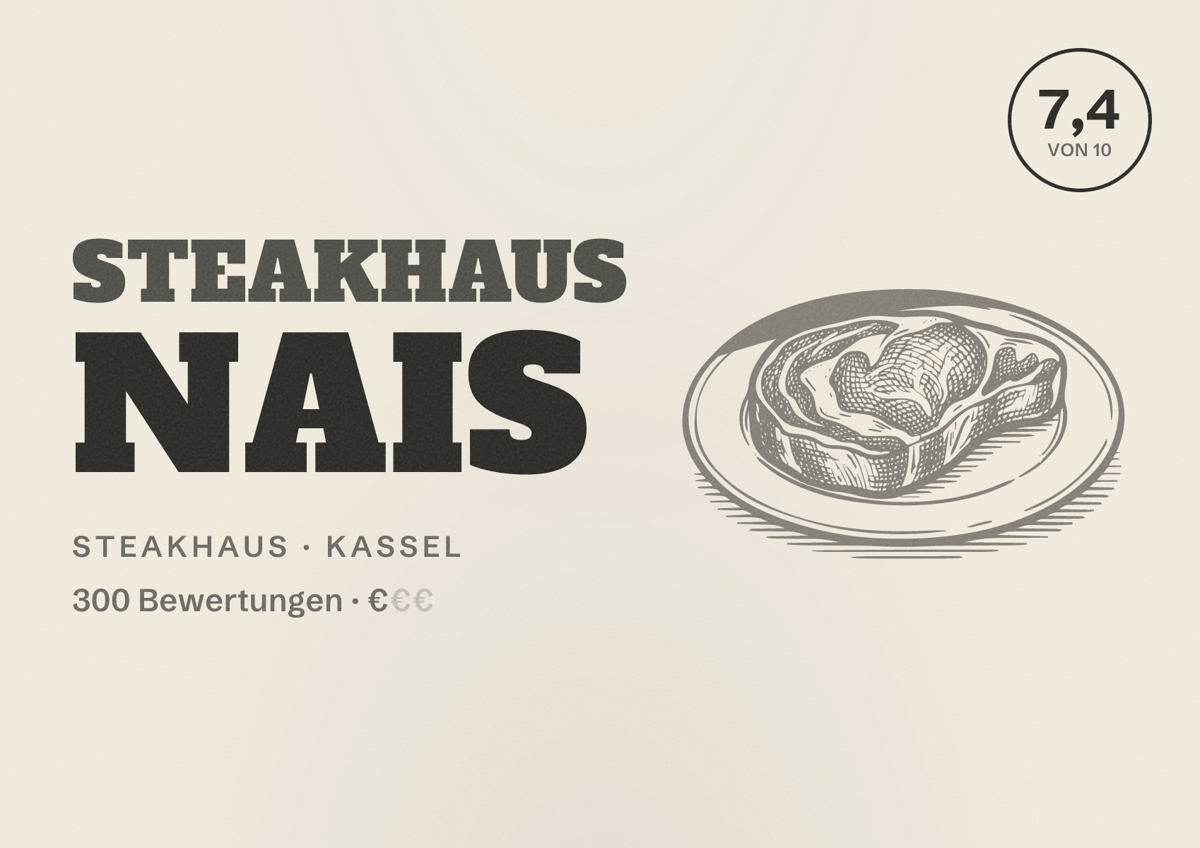 Illustriertes Poster von Steakhaus Nais, Steakhaus in Kassel: Bewertung 7,4 von 10 aus 300 Bewertungen, Preisniveau €