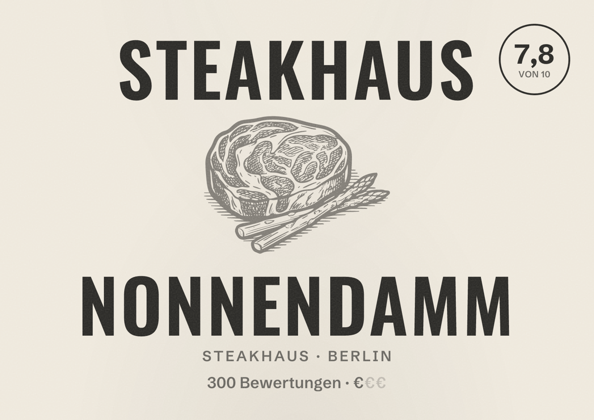 Illustriertes Poster von Steakhaus Nonnendamm, Steakhaus in Berlin: Bewertung 7,8 von 10 aus 300 Bewertungen, Preisniveau €
