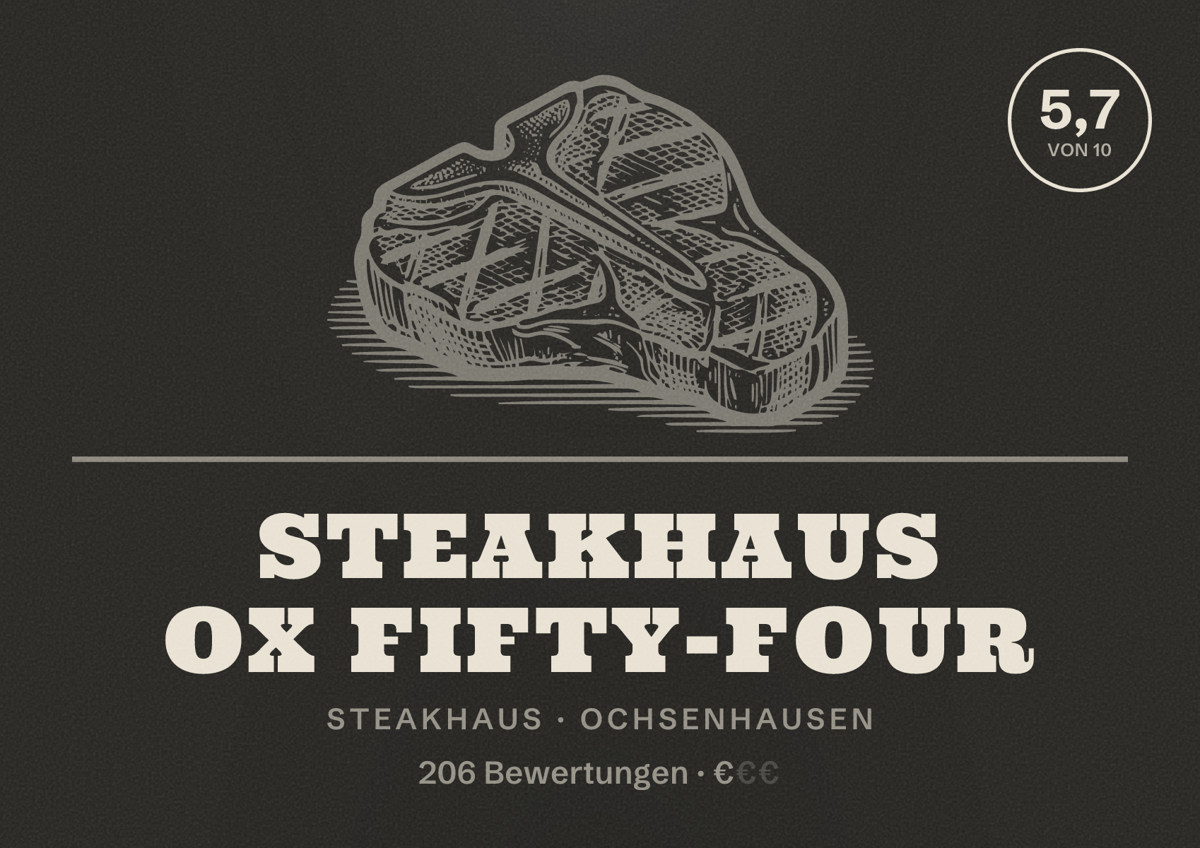 Illustriertes Poster von Steakhaus OX fifty-four, Steakhaus in Ochsenhausen: Bewertung 5,7 von 10 aus 206 Bewertungen, Preisniveau €