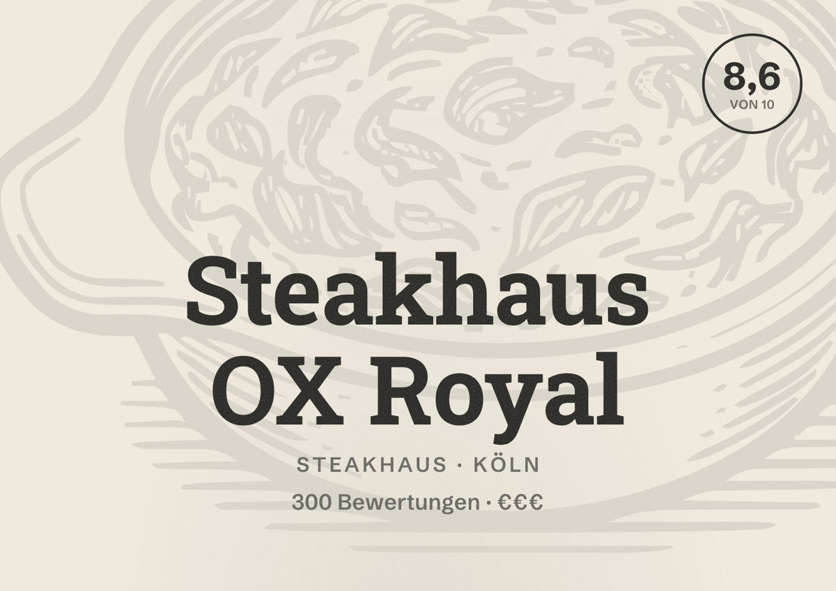 Illustriertes Poster von Steakhaus OX Royal, Steakhaus in Köln: Bewertung 8,6 von 10 aus 300 Bewertungen, Preisniveau €€€