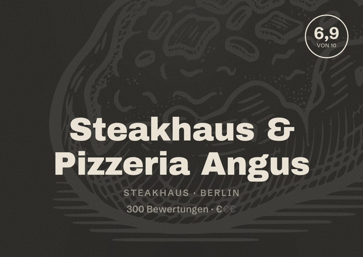 Illustriertes Poster von Steakhaus & Pizzeria Angus, Steakhaus in Berlin: Bewertung 6,9 von 10 aus 300 Bewertungen, Preisniveau €