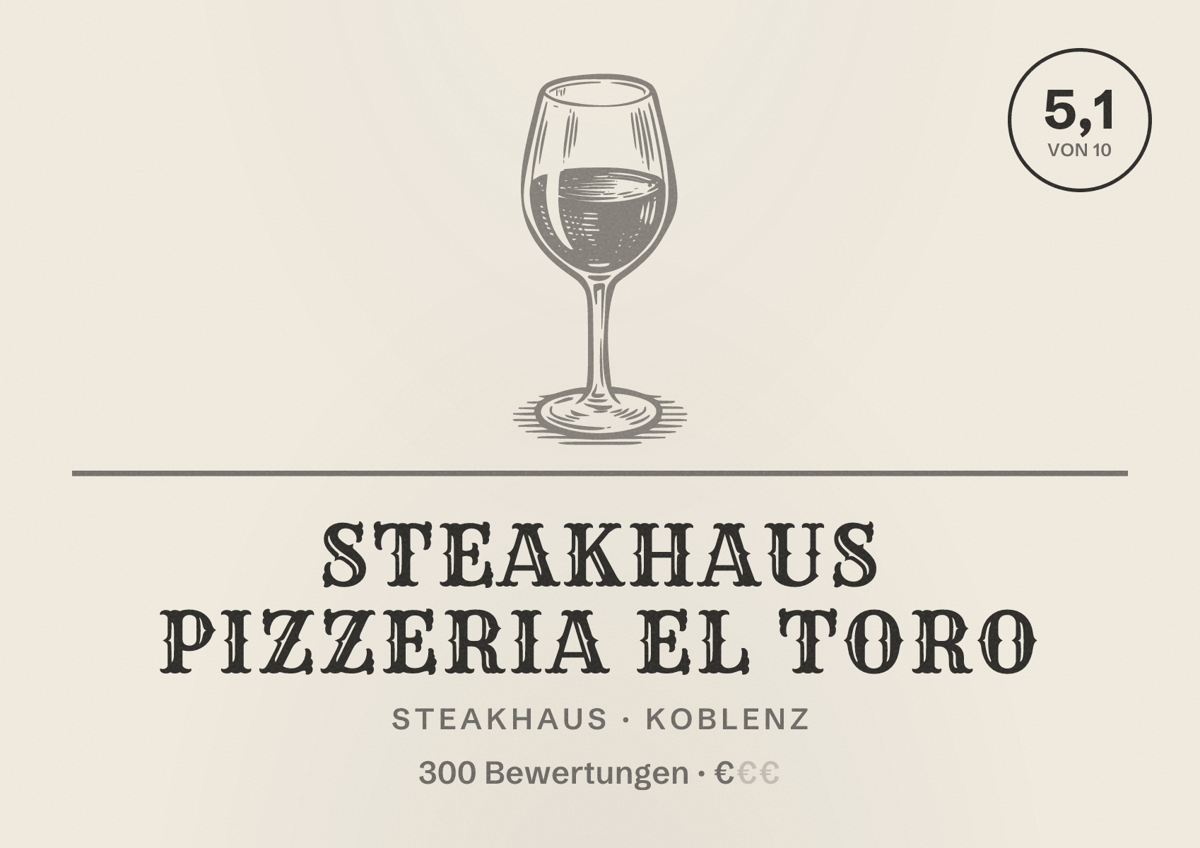 Illustriertes Poster von Steakhaus Pizzeria El Toro, Steakhaus in Koblenz: Bewertung 5,1 von 10 aus 300 Bewertungen, Preisniveau €