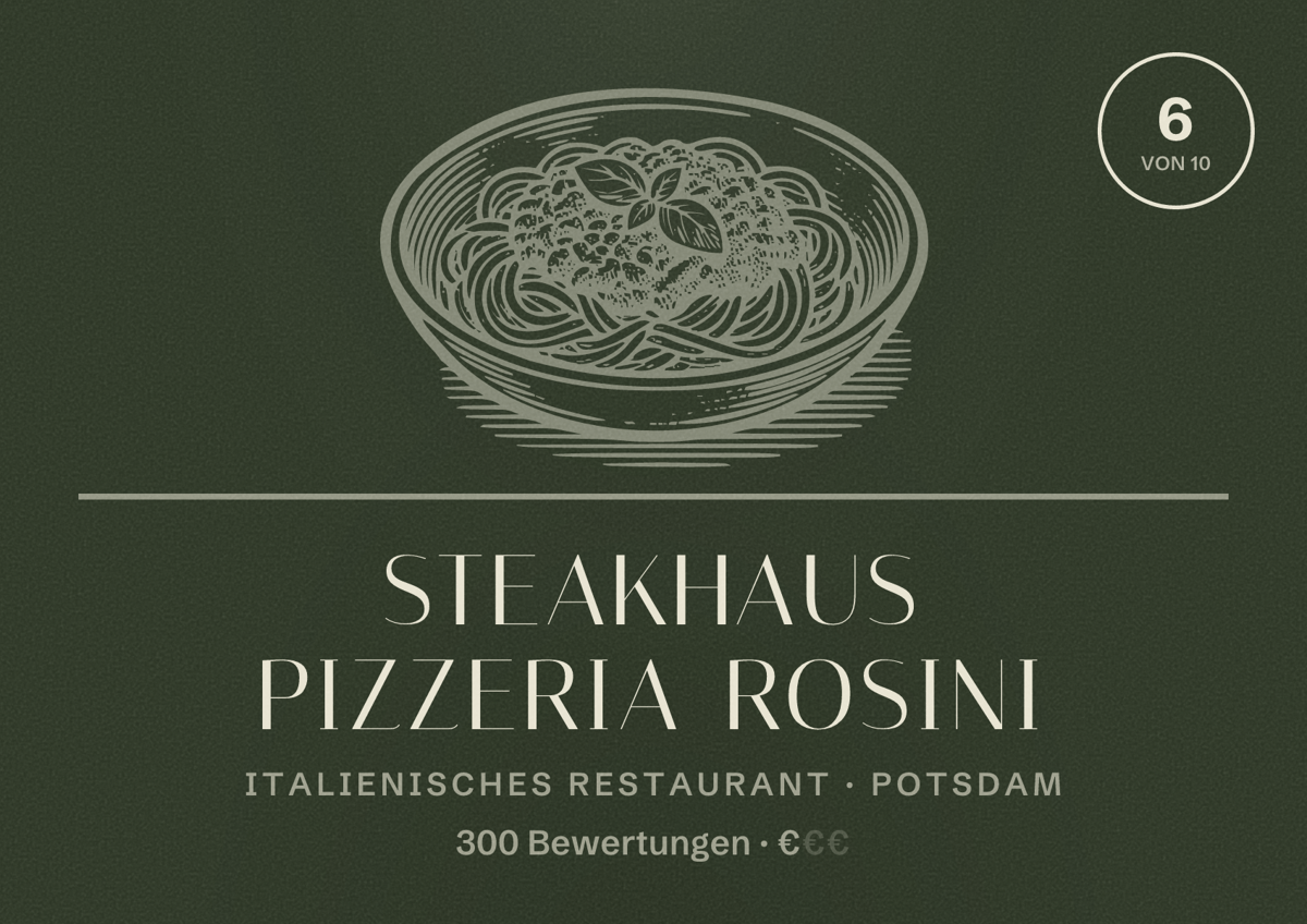 Illustriertes Poster von Steakhaus Pizzeria Rosini, Italienisches Restaurant in Potsdam: Bewertung 6,0 von 10 aus 300 Bewertungen, Preisniveau €