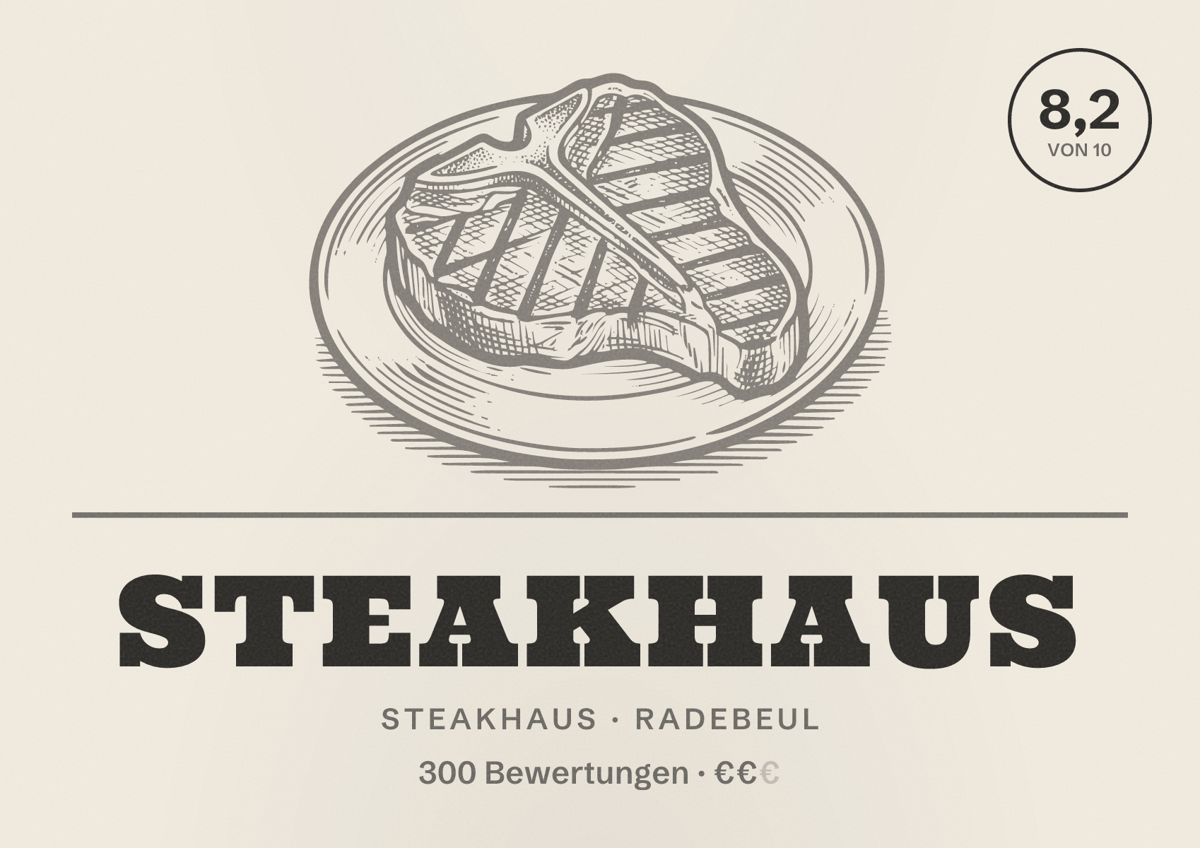 Illustriertes Poster von Steakhaus, Steakhaus in Radebeul: Bewertung 8,2 von 10 aus 300 Bewertungen, Preisniveau €€