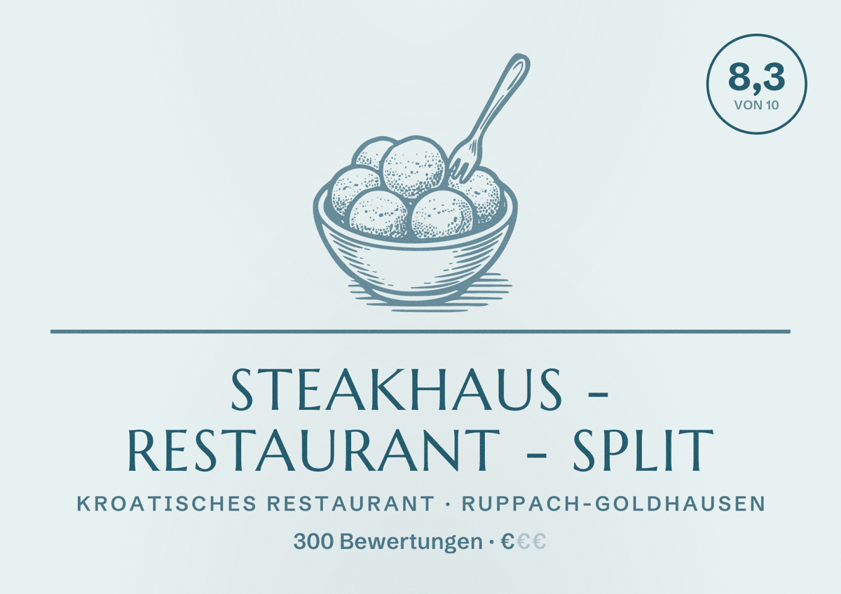 Illustriertes Poster von Steakhaus - Restaurant - Split, Kroatisches Restaurant in Ruppach-Goldhausen: Bewertung 8,3 von 10 aus 300 Bewertungen, Preisniveau €