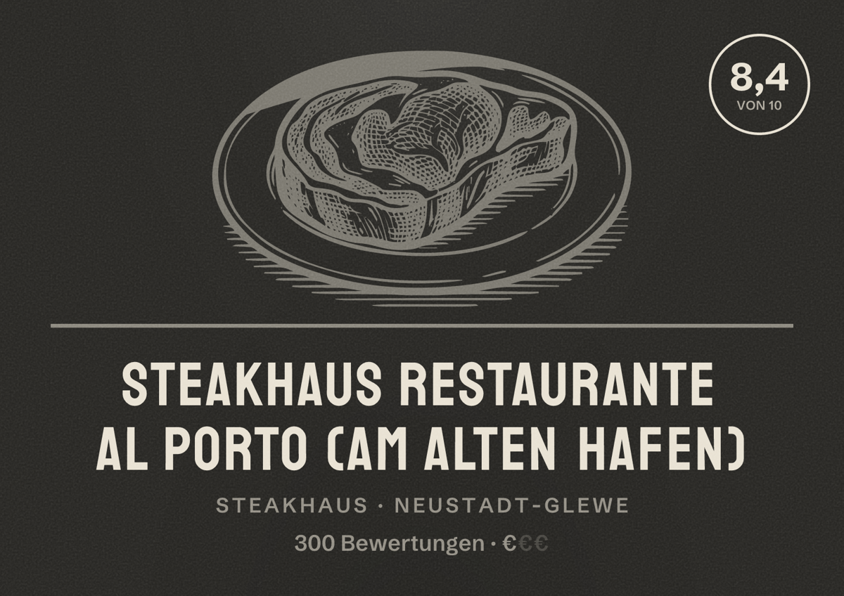 Illustriertes Poster von Steakhaus Restaurante Al Porto (Am alten Hafen), Steakhaus in Neustadt-Glewe: Bewertung 8,4 von 10 aus 300 Bewertungen, Preisniveau €