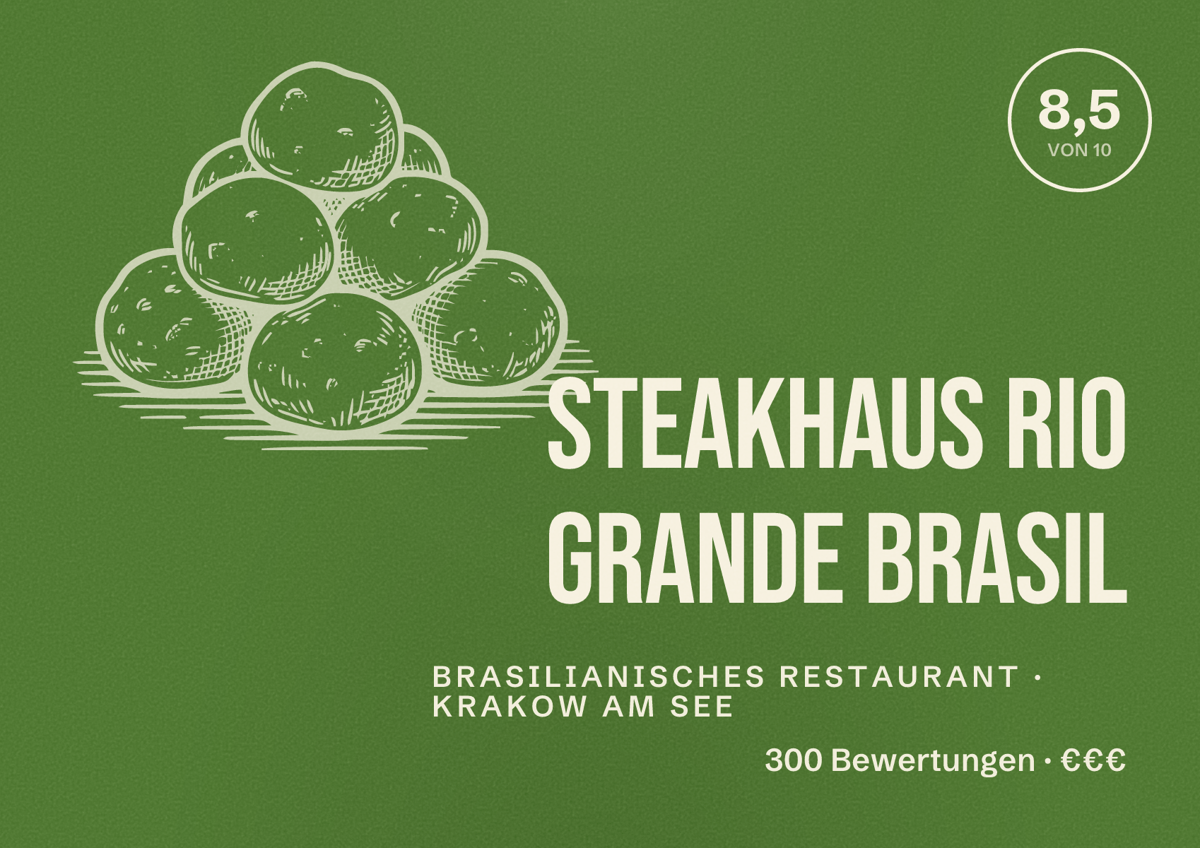 Illustriertes Poster von Steakhaus Rio Grande Brasil, Brasilianisches Restaurant in Krakow am See: Bewertung 8,5 von 10 aus 300 Bewertungen, Preisniveau €€€