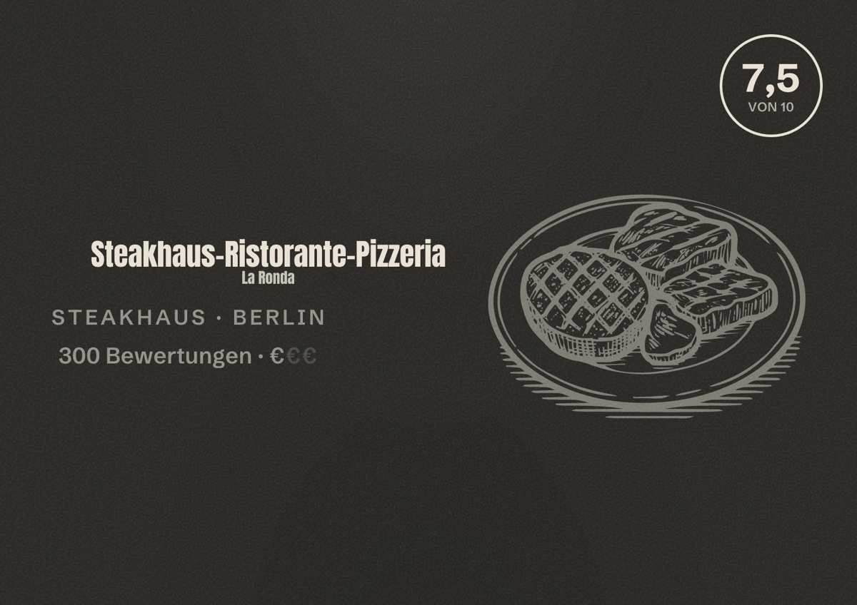 Illustriertes Poster von Steakhaus-Ristorante-Pizzeria La Ronda, Steakhaus in Berlin: Bewertung 7,5 von 10 aus 300 Bewertungen, Preisniveau €