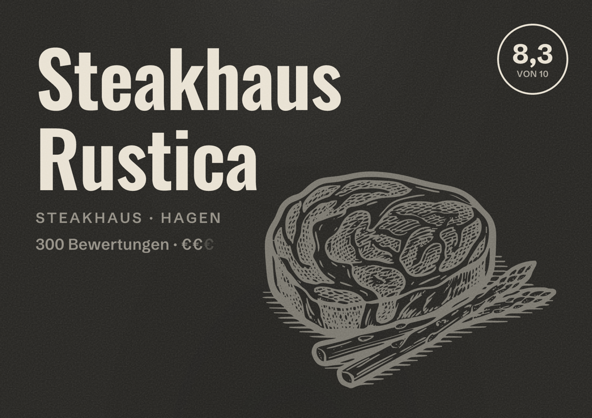 Illustriertes Poster von Steakhaus Rustica, Steakhaus in Hagen: Bewertung 8,3 von 10 aus 300 Bewertungen, Preisniveau €€