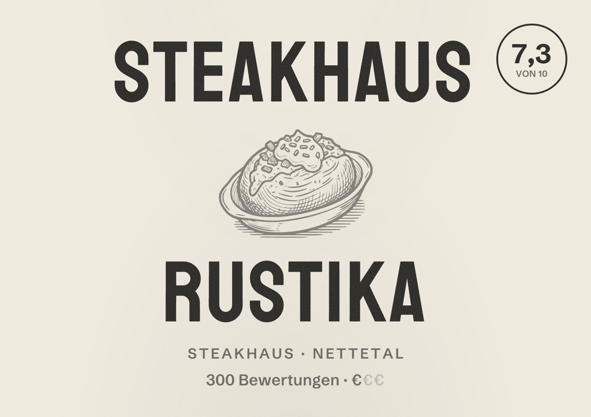 Illustriertes Poster von Steakhaus Rustika, Steakhaus in Nettetal: Bewertung 7,3 von 10 aus 300 Bewertungen, Preisniveau €