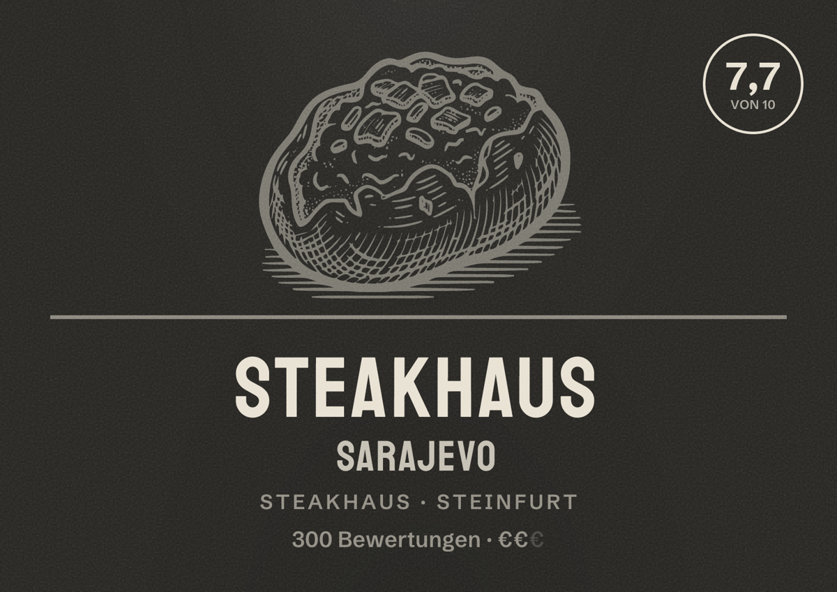 Illustriertes Poster von Steakhaus Sarajevo, Steakhaus in Steinfurt: Bewertung 7,7 von 10 aus 300 Bewertungen, Preisniveau €€