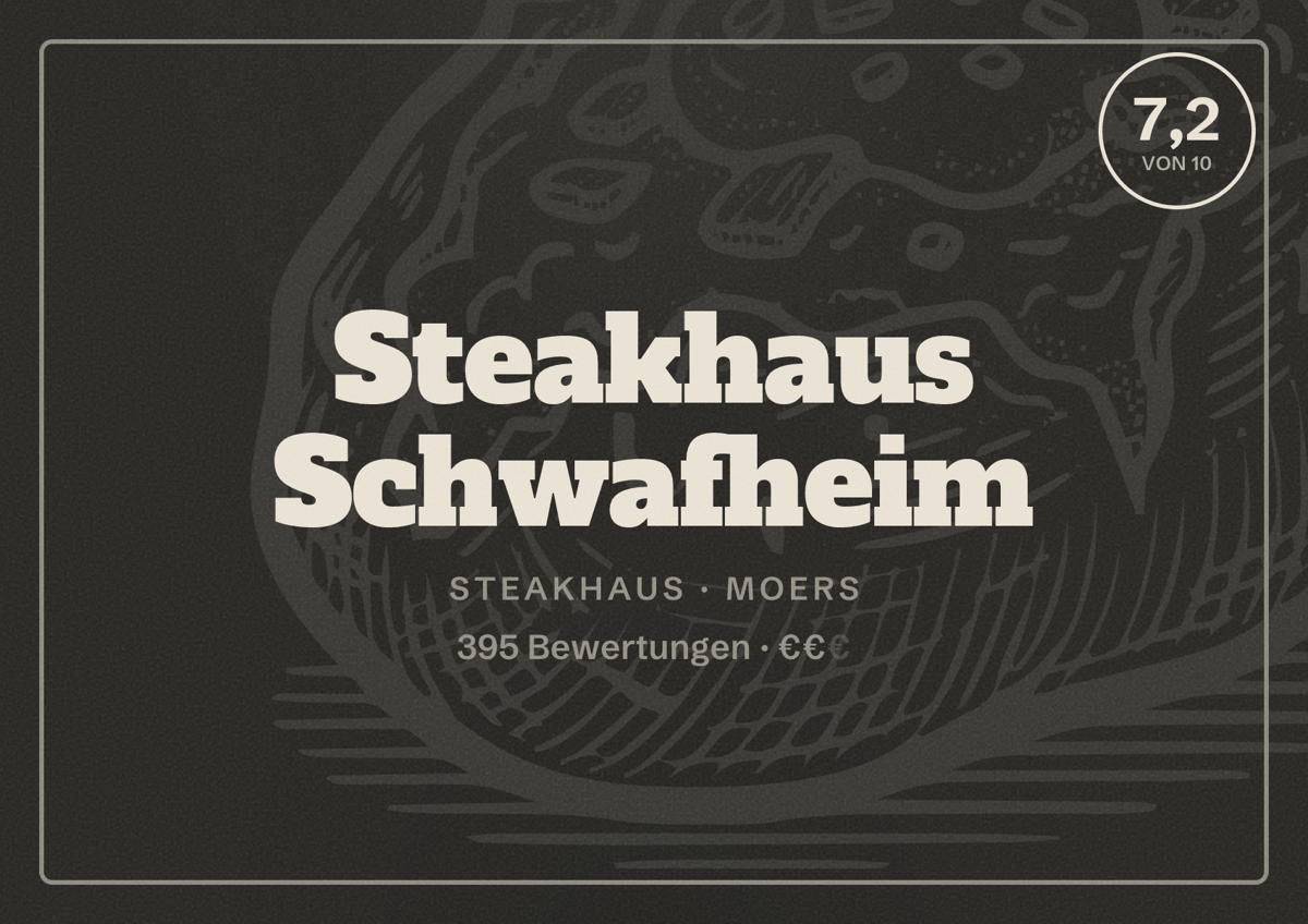 Illustriertes Poster von Steakhaus Schwafheim, Steakhaus in Moers: Bewertung 7,2 von 10 aus 395 Bewertungen, Preisniveau €€