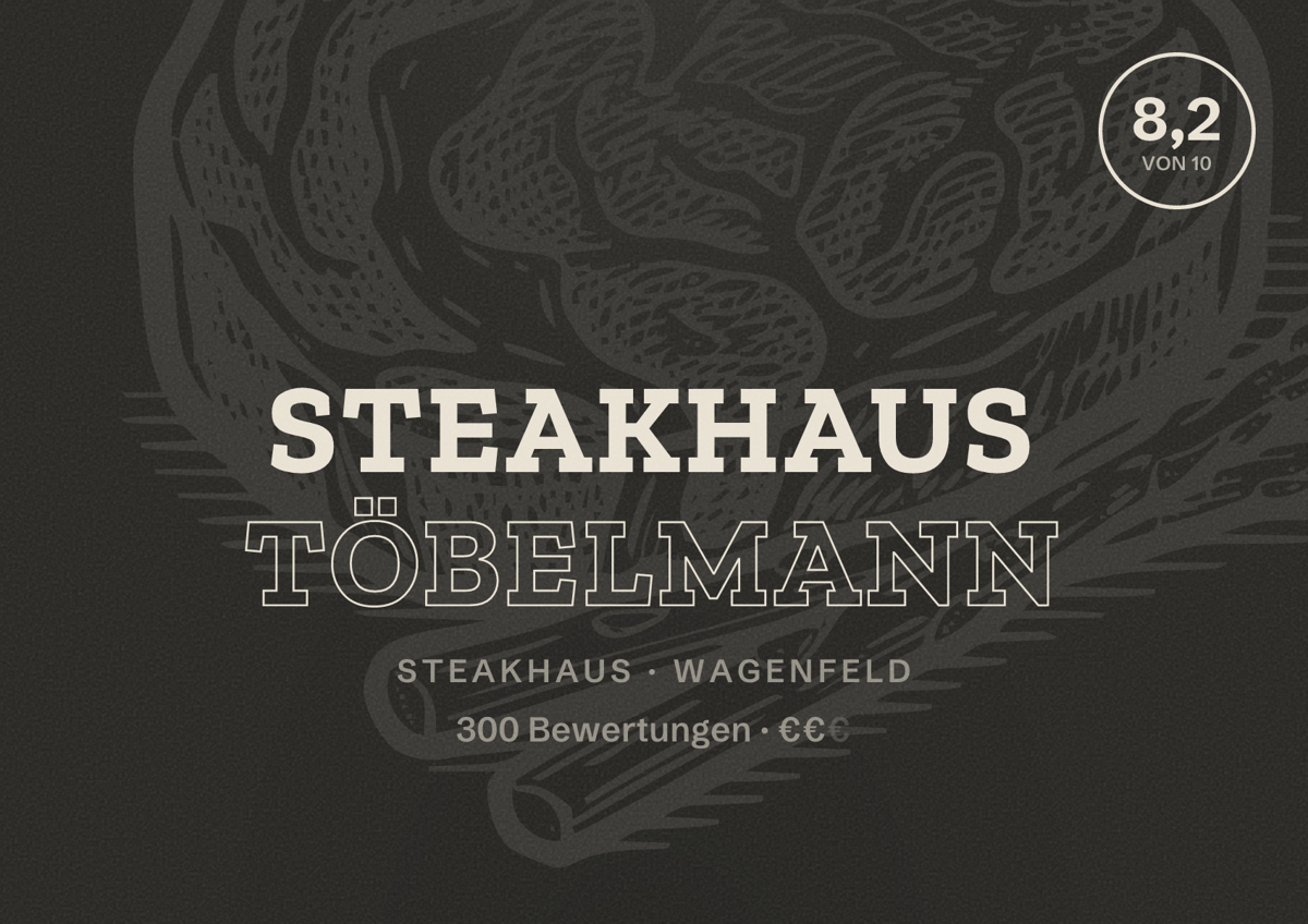 Illustriertes Poster von Steakhaus Töbelmann, Steakhaus in Wagenfeld: Bewertung 8,2 von 10 aus 300 Bewertungen, Preisniveau €€
