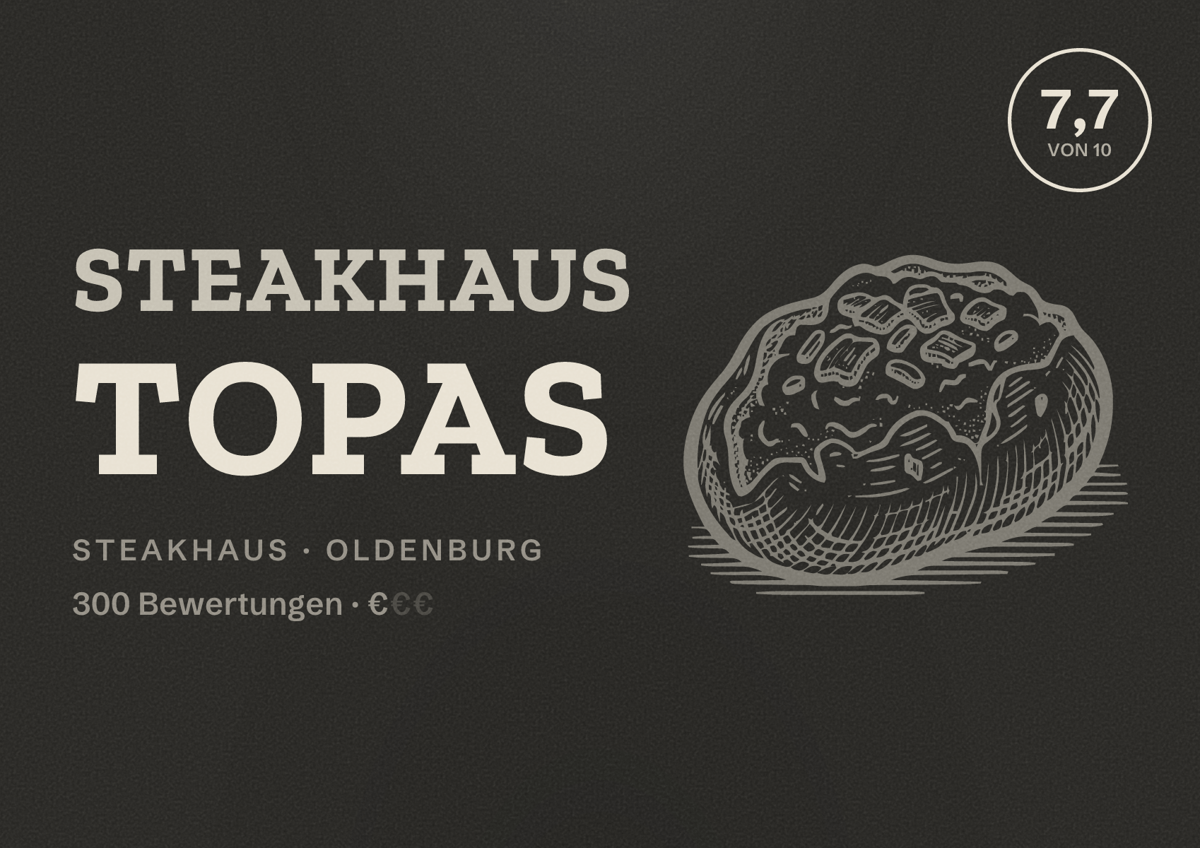 Illustriertes Poster von Steakhaus Topas, Steakhaus in Oldenburg: Bewertung 7,7 von 10 aus 300 Bewertungen, Preisniveau €