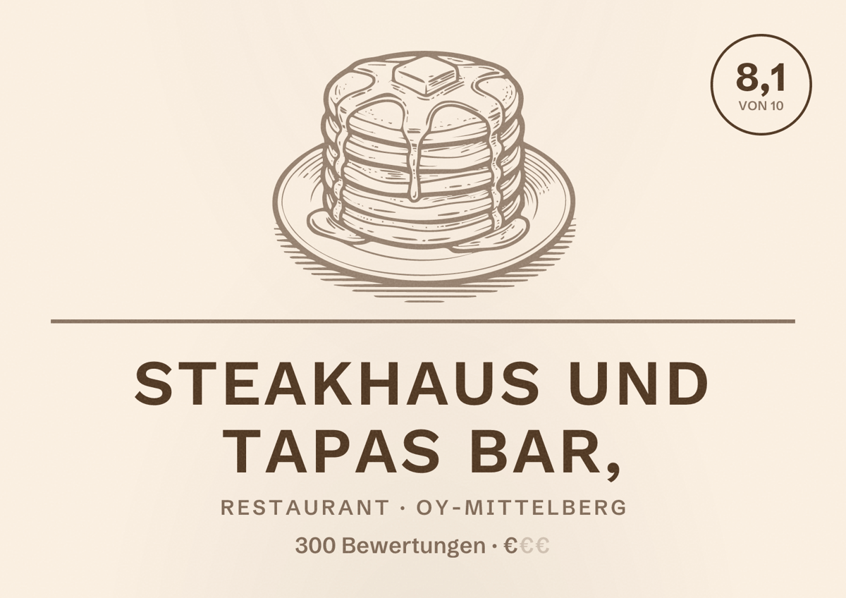 Illustriertes Poster von Steakhaus und Tapas Bar,, Restaurant in Oy-Mittelberg: Bewertung 8,1 von 10 aus 300 Bewertungen, Preisniveau €