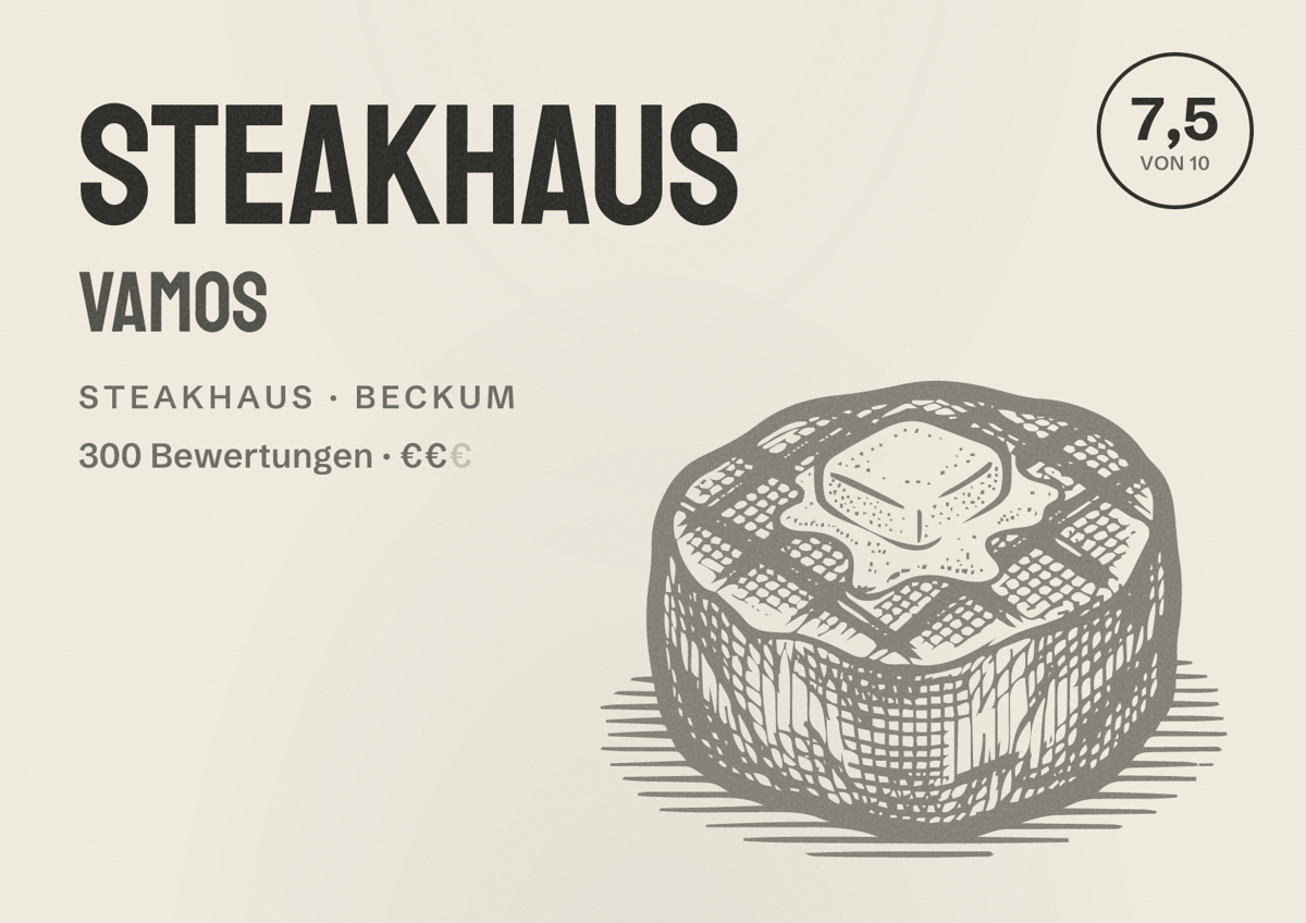 Illustriertes Poster von Steakhaus Vamos, Steakhaus in Beckum: Bewertung 7,5 von 10 aus 300 Bewertungen, Preisniveau €€