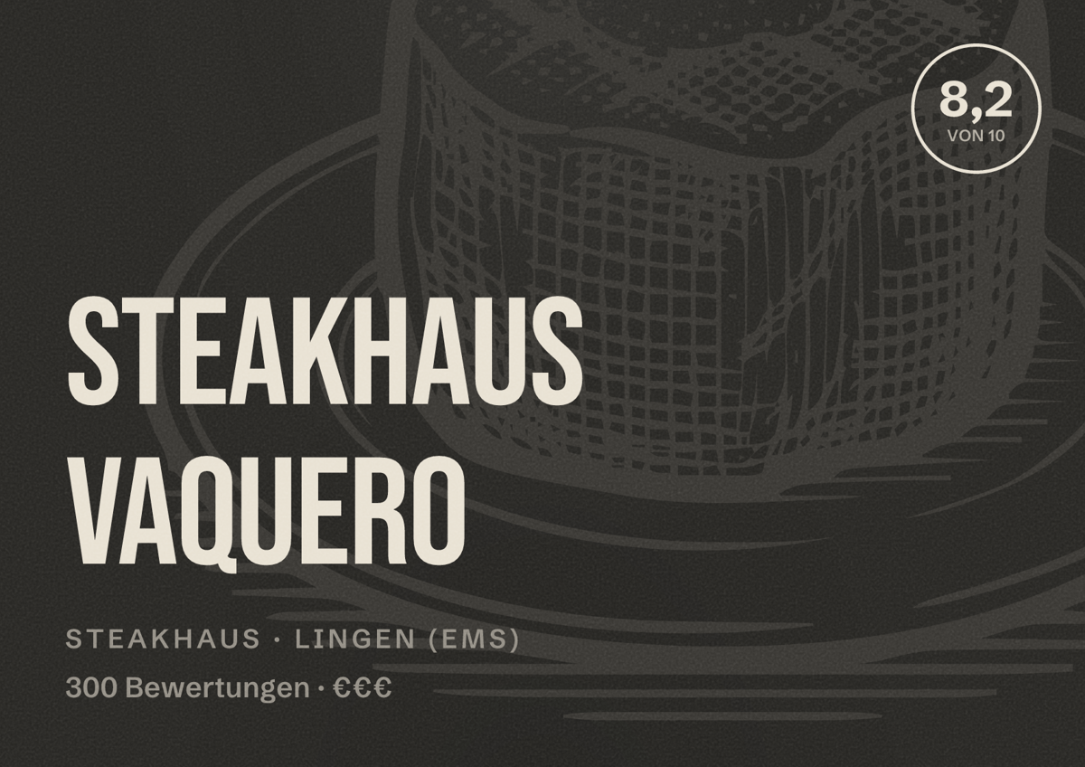 Illustriertes Poster von Steakhaus Vaquero, Steakhaus in Lingen (Ems): Bewertung 8,2 von 10 aus 300 Bewertungen, Preisniveau €€€