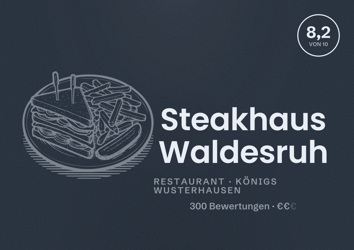 Illustriertes Poster von Steakhaus Waldesruh, Restaurant in Königs Wusterhausen: Bewertung 8,2 von 10 aus 300 Bewertungen, Preisniveau €€