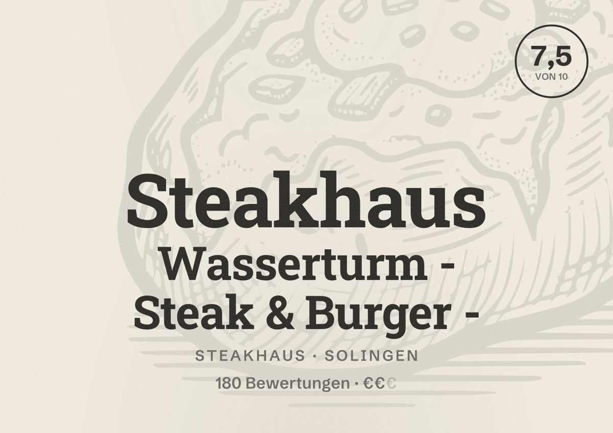 Illustriertes Poster von Steakhaus Wasserturm - Steak & Burger -, Steakhaus in Solingen: Bewertung 7,5 von 10 aus 180 Bewertungen, Preisniveau €€