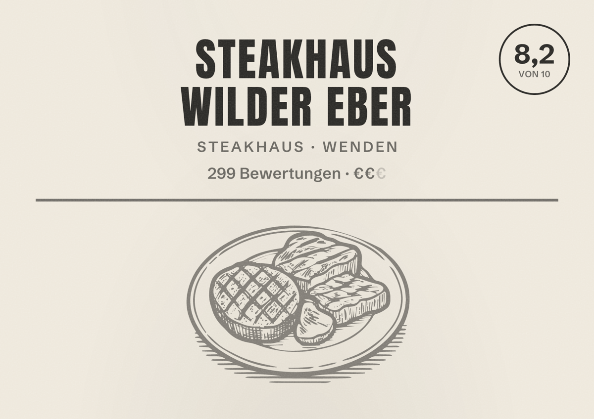 Illustriertes Poster von Steakhaus Wilder Eber, Steakhaus in Wenden: Bewertung 8,2 von 10 aus 299 Bewertungen, Preisniveau €€