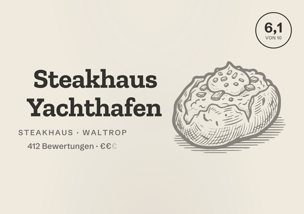Illustriertes Poster von Steakhaus Yachthafen, Steakhaus in Waltrop: Bewertung 6,1 von 10 aus 412 Bewertungen, Preisniveau €€