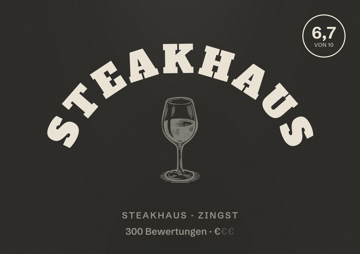 Illustriertes Poster von Steakhaus, Steakhaus in Zingst: Bewertung 6,7 von 10 aus 300 Bewertungen, Preisniveau €