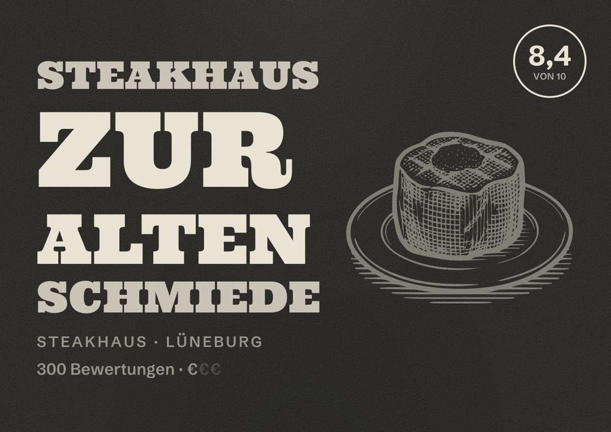 Illustriertes Poster von Steakhaus zur Alten Schmiede, Steakhaus in Lüneburg: Bewertung 8,4 von 10 aus 300 Bewertungen, Preisniveau €