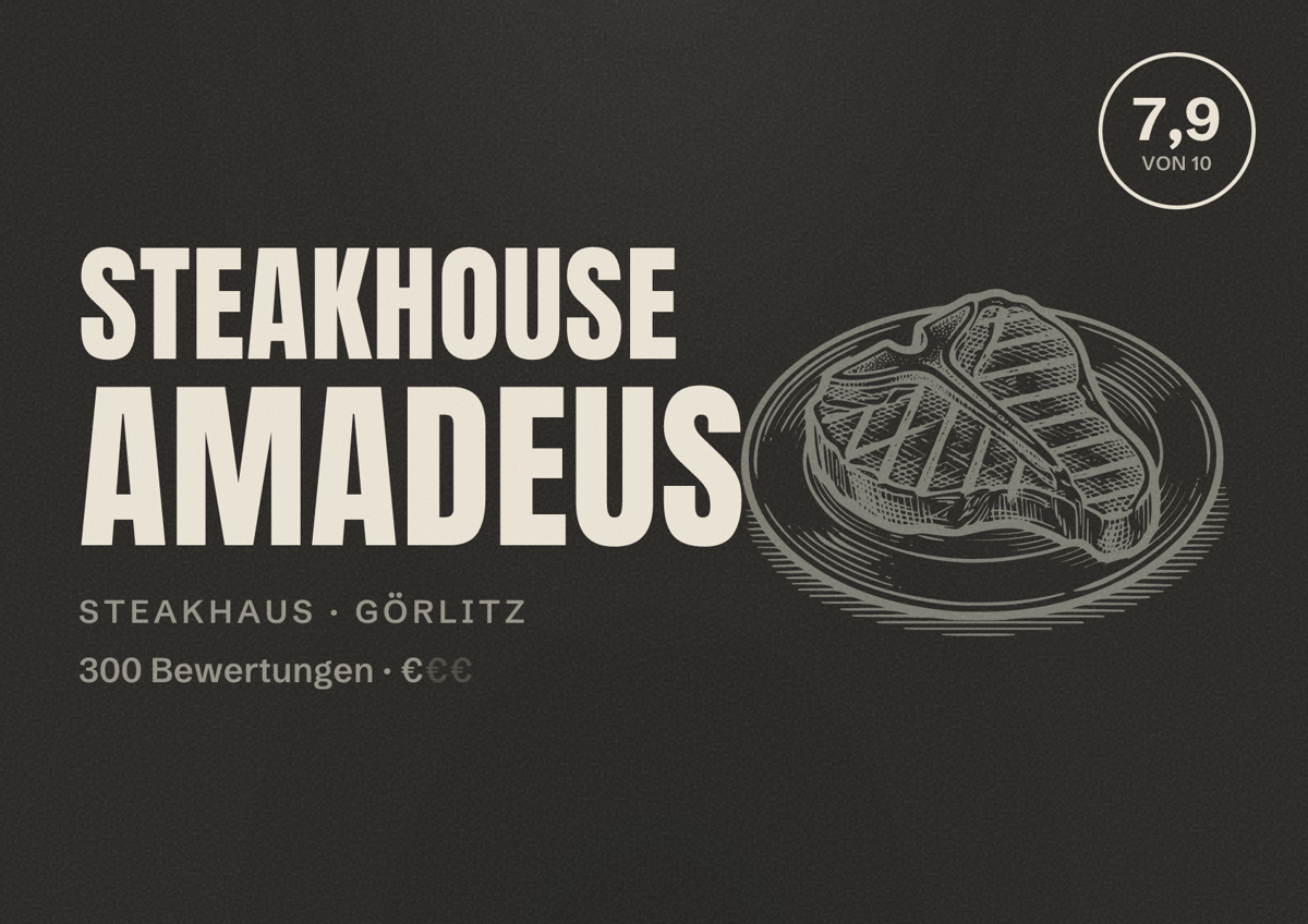 Illustriertes Poster von Steakhouse Amadeus, Steakhaus in Görlitz: Bewertung 7,9 von 10 aus 300 Bewertungen, Preisniveau €