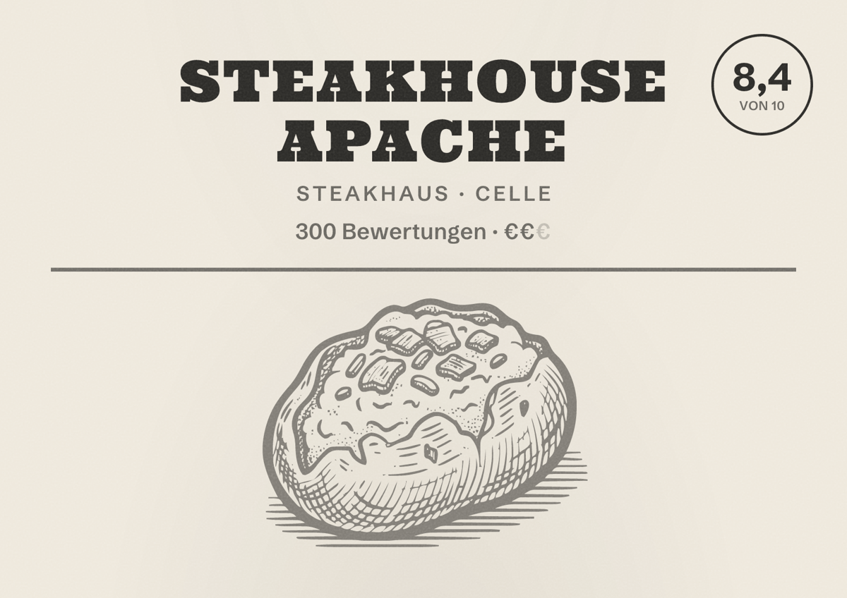 Illustriertes Poster von Steakhouse Apache, Steakhaus in Celle: Bewertung 8,4 von 10 aus 300 Bewertungen, Preisniveau €€