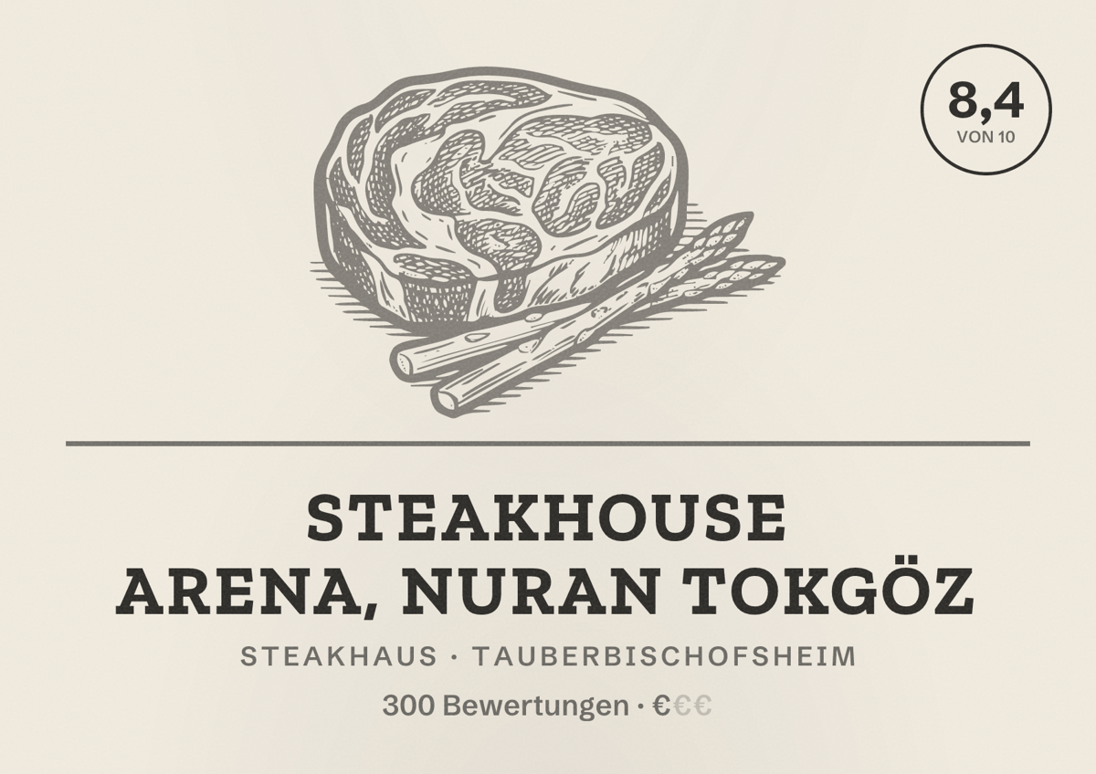 Illustriertes Poster von Steakhouse Arena, Nuran Tokgöz, Steakhaus in Tauberbischofsheim: Bewertung 8,4 von 10 aus 300 Bewertungen, Preisniveau €