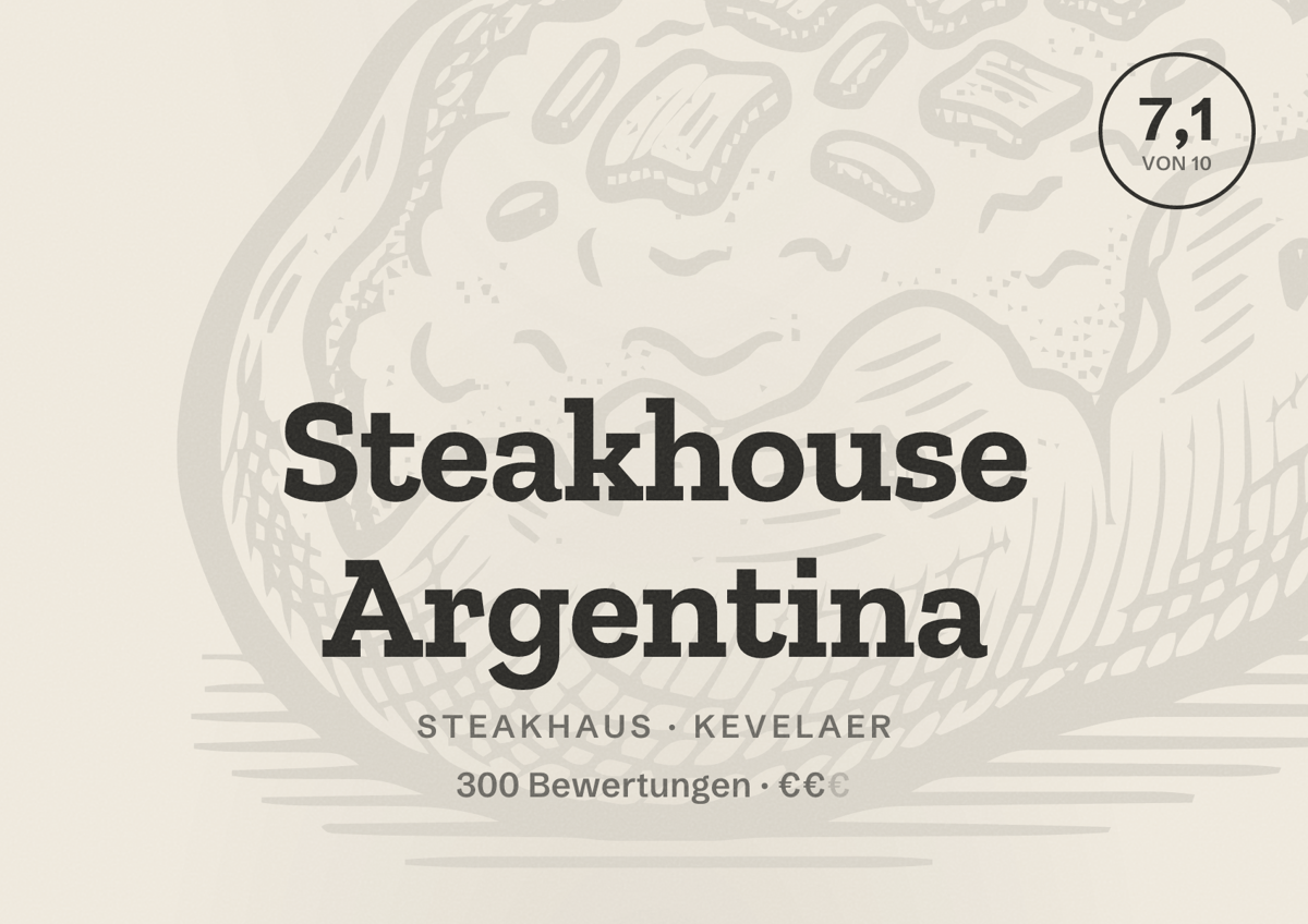 Illustriertes Poster von Steakhouse Argentina, Steakhaus in Kevelaer: Bewertung 7,1 von 10 aus 300 Bewertungen, Preisniveau €€