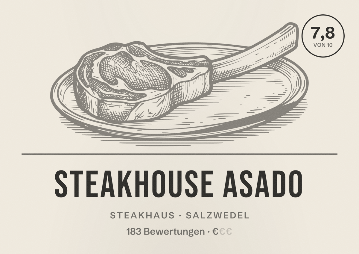Illustriertes Poster von Steakhouse Asado, Steakhaus in Salzwedel: Bewertung 7,8 von 10 aus 183 Bewertungen, Preisniveau €