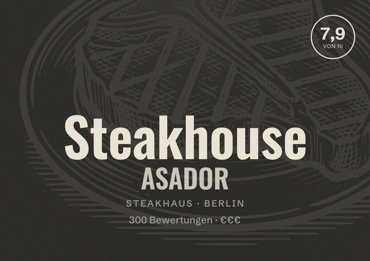 Illustriertes Poster von Steakhouse ASADOR, Steakhaus in Berlin: Bewertung 7,9 von 10 aus 300 Bewertungen, Preisniveau €€€