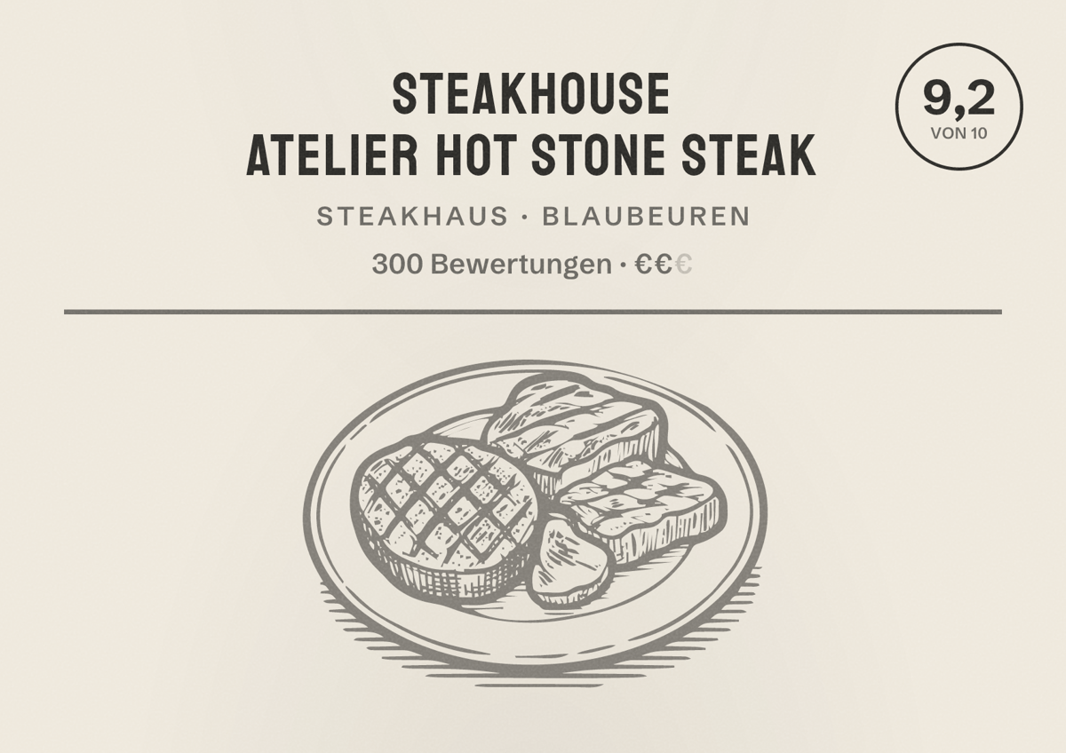Illustriertes Poster von Steakhouse ATELIER Hot Stone Steak, Steakhaus in Blaubeuren: Bewertung 9,2 von 10 aus 300 Bewertungen, Preisniveau €€