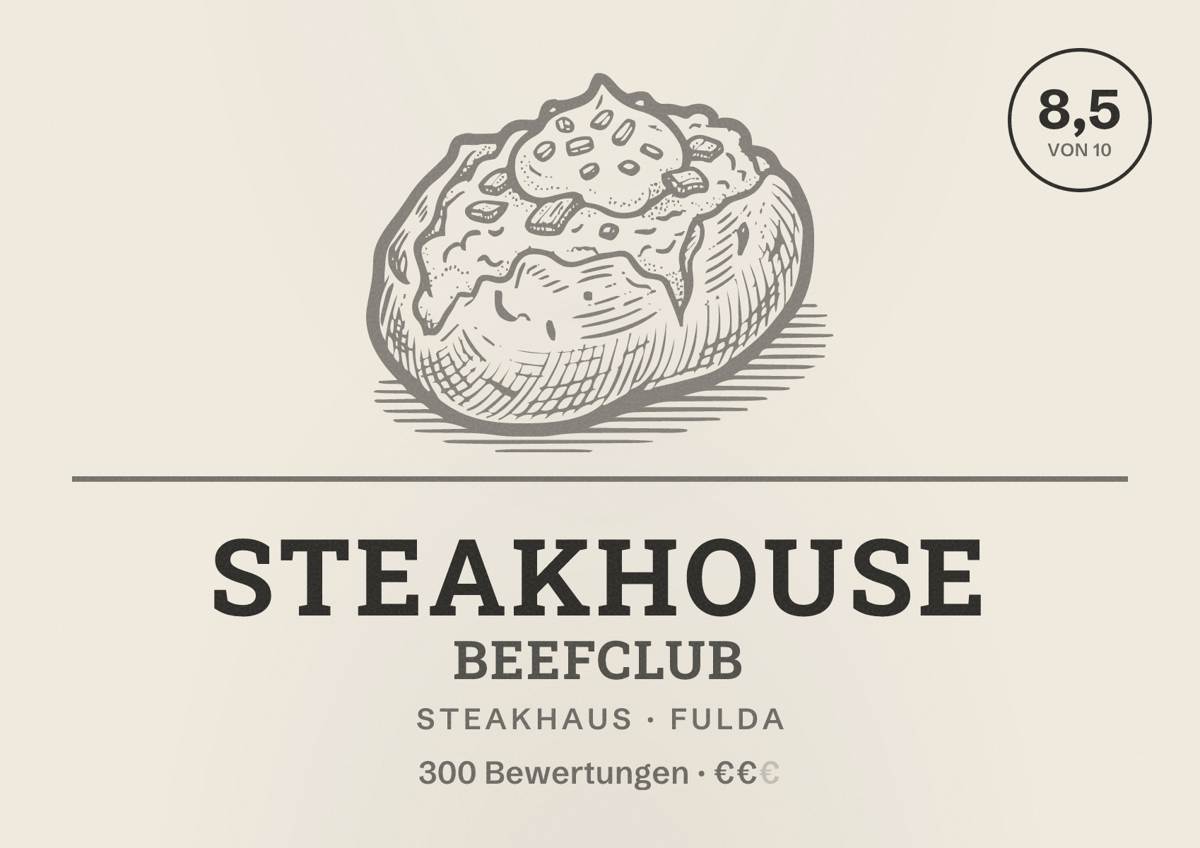 Illustriertes Poster von Steakhouse Beefclub, Steakhaus in Fulda: Bewertung 8,5 von 10 aus 300 Bewertungen, Preisniveau €€