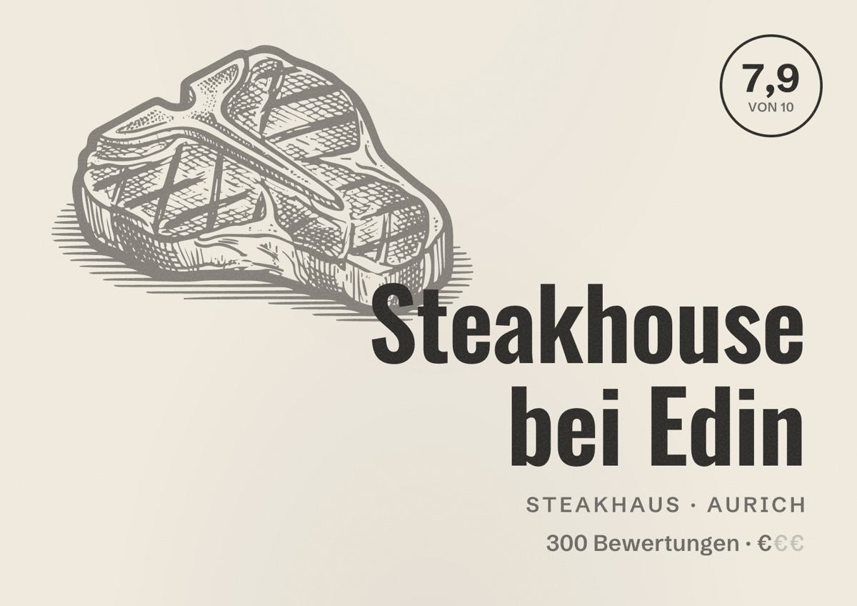Illustriertes Poster von Steakhouse bei Edin, Steakhaus in Aurich: Bewertung 7,9 von 10 aus 300 Bewertungen, Preisniveau €