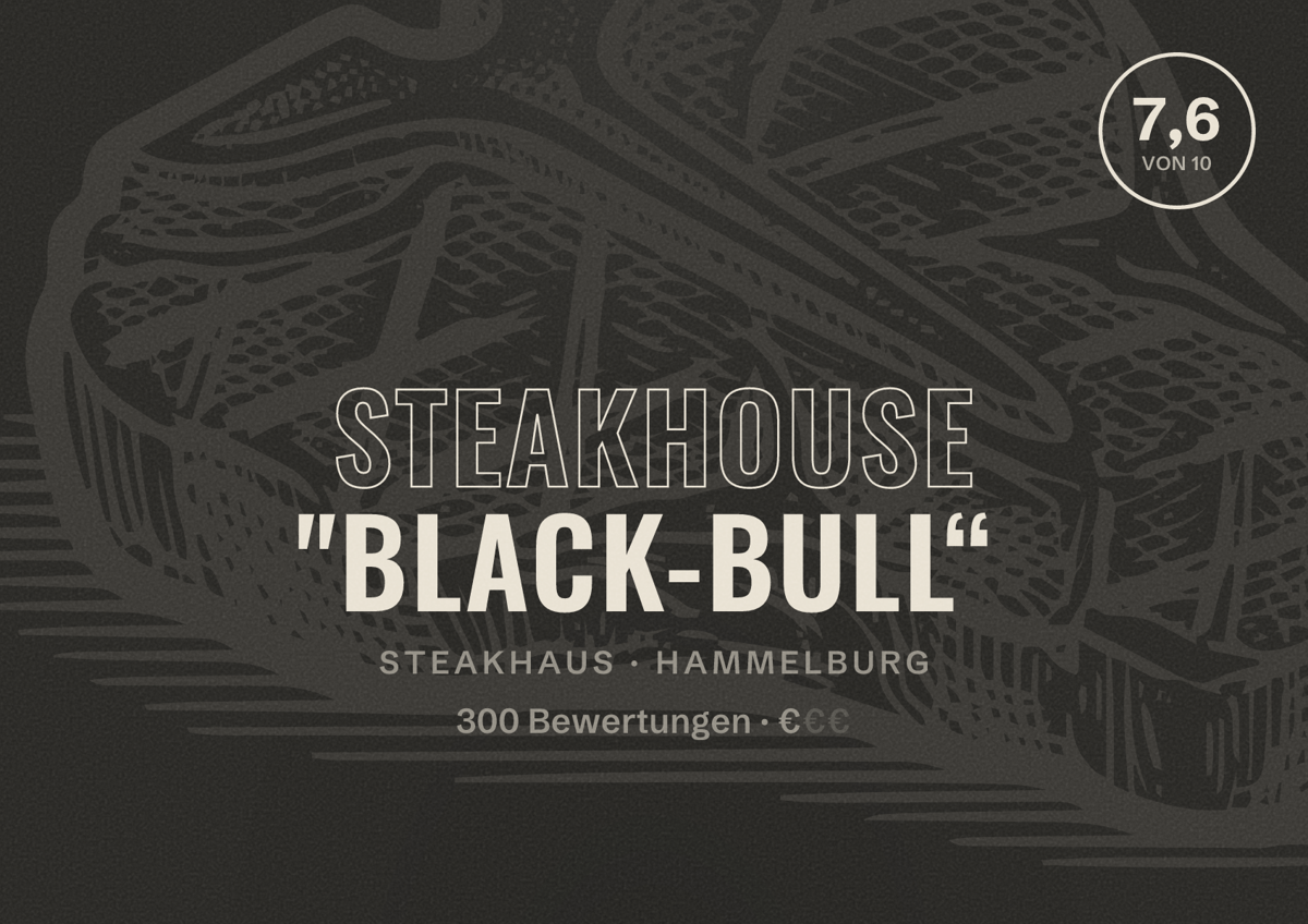 Illustriertes Poster von Steakhouse "Black-Bull“, Steakhaus in Hammelburg: Bewertung 7,6 von 10 aus 300 Bewertungen, Preisniveau €