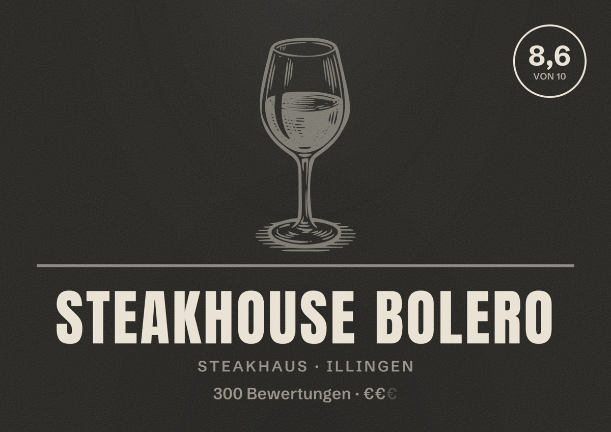 Illustriertes Poster von Steakhouse Bolero, Steakhaus in Illingen: Bewertung 8,6 von 10 aus 300 Bewertungen, Preisniveau €€