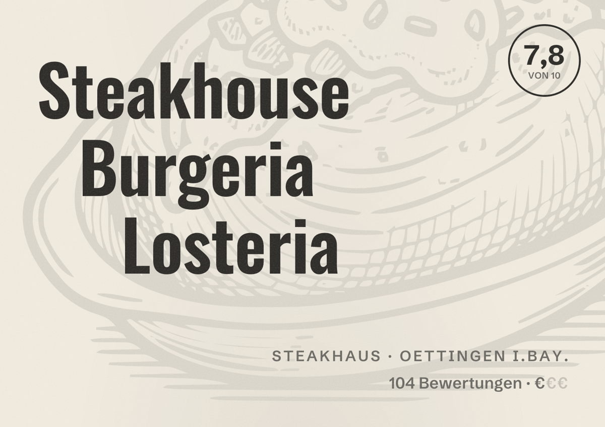 Illustriertes Poster von Steakhouse Burgeria Losteria, Steakhaus in Oettingen i.Bay.: Bewertung 7,8 von 10 aus 104 Bewertungen, Preisniveau €