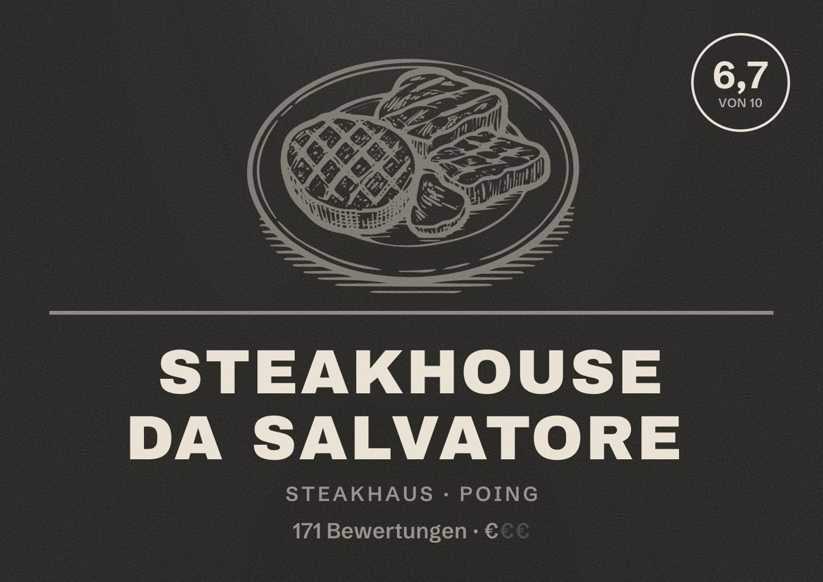 Illustriertes Poster von Steakhouse da Salvatore, Steakhaus in Poing: Bewertung 6,7 von 10 aus 171 Bewertungen, Preisniveau €