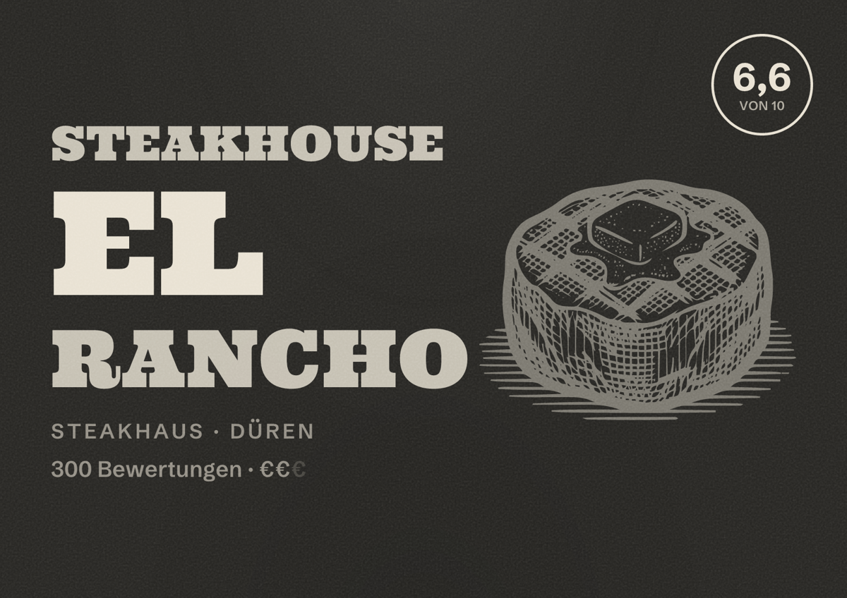 Illustriertes Poster von Steakhouse El Rancho, Steakhaus in Düren: Bewertung 6,6 von 10 aus 300 Bewertungen, Preisniveau €€