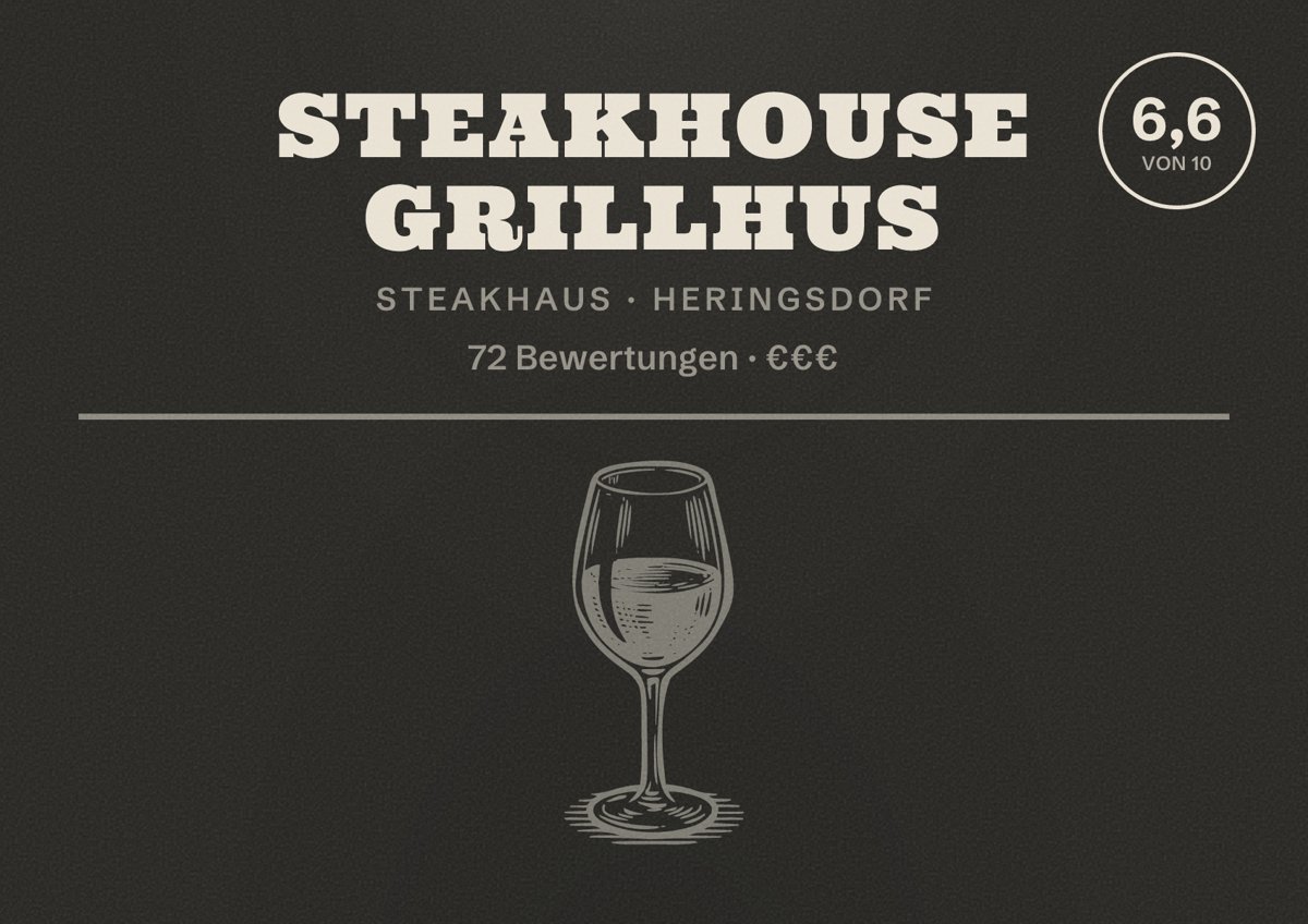 Illustriertes Poster von Steakhouse Grillhus, Steakhaus in Heringsdorf: Bewertung 6,6 von 10 aus 72 Bewertungen, Preisniveau €€€