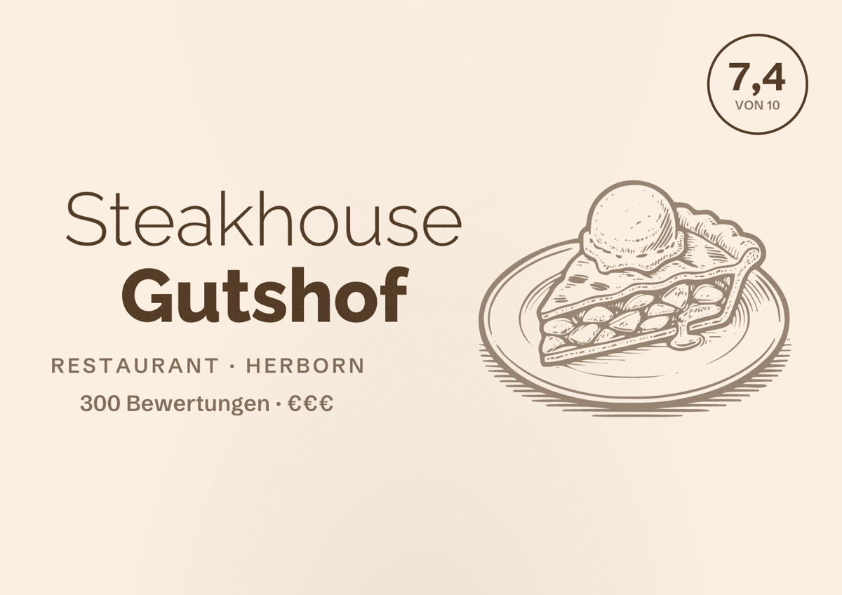 Illustriertes Poster von Steakhouse Gutshof, Restaurant in Herborn: Bewertung 7,4 von 10 aus 300 Bewertungen, Preisniveau €€€