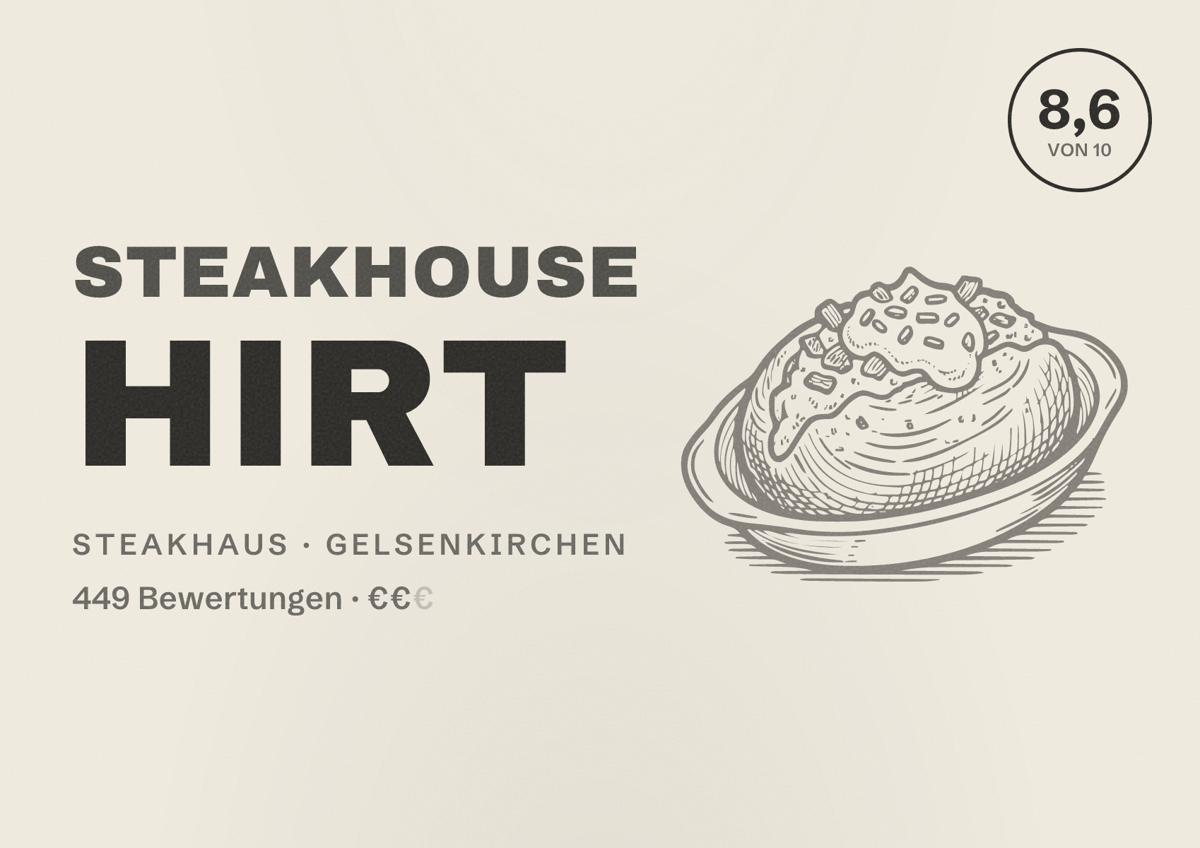 Illustriertes Poster von Steakhouse Hirt, Steakhaus in Gelsenkirchen: Bewertung 8,6 von 10 aus 449 Bewertungen, Preisniveau €€
