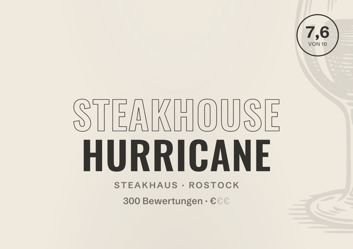 Illustriertes Poster von Steakhouse Hurricane, Steakhaus in Rostock: Bewertung 7,6 von 10 aus 300 Bewertungen, Preisniveau €